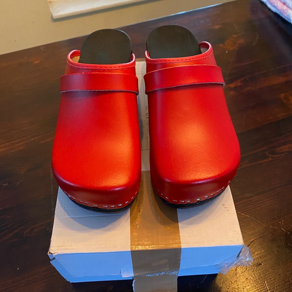 COPY - Fire Struck Red Leather Wood Clogs